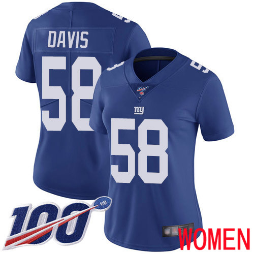 Women New York Giants 58 Tae Davis Royal Blue Team Color Vapor Untouchable Limited Player 100th Season Football NFL Jersey